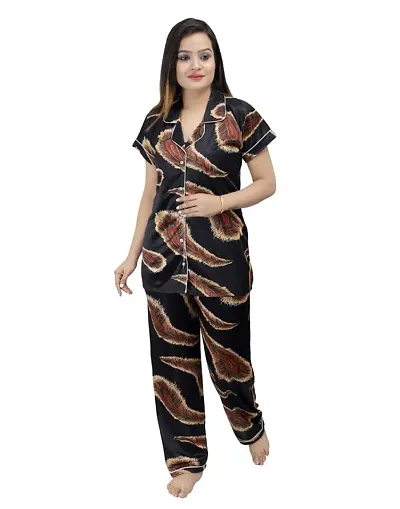 Ansh Collection Women's Satin Printed 2 Pcs Night Suit- (1 Shirt, 1 Pyjama); [Satin-4-Print-Leaf]
