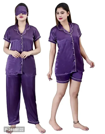 ANSH COLLECTION Women's Satin 4 Pcs Night Suit Set (1 Shirt, 1 Pyjama, 1 Short, 1 Eye Mask), Purple (Free Size); [FBA-Satin-Purple-I-Mask]-thumb0