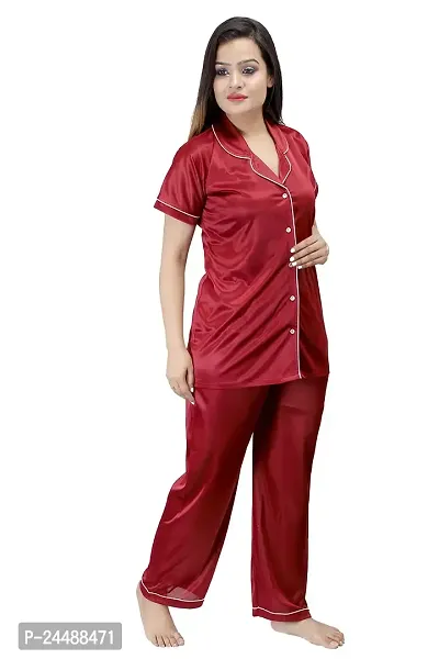 ANSH COLLECTION Women's Satin 2 Pcs Night Suit Set (1 Shirt, 1 Pyjama)-; [Satin-Ns]-thumb3