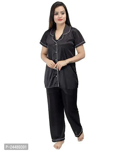 ANSH COLLECTION Women's Satin 2 Pcs Night Suit Set (1 Shirt, 1 Pyjama), Black (Free Size); [FBA-Satin-Black-Ns]-thumb0