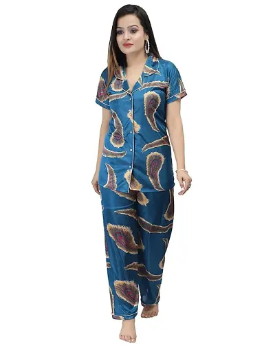Ansh Collection Women's Satin Printed 2 Pcs Night Suit- (1 Shirt, 1 Pyjama); [Satin-5-Print-Leaf]