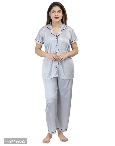 Ansh Collection Women's Satin 2 Pcs Night Suit Set (1 Shirt, 1 Pyjama)-; [Satin-2-Ns]-thumb0