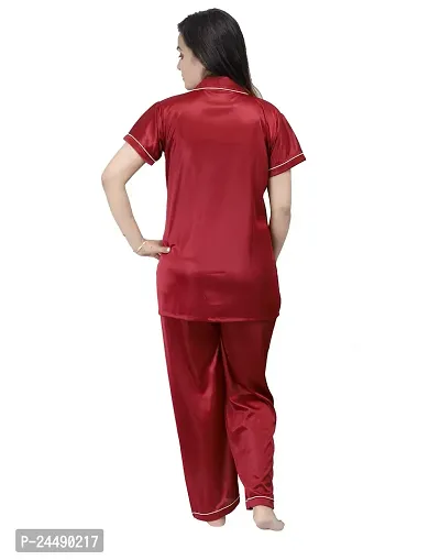 ANSH COLLECTION Women's Satin 2 Pcs Night Suit Set (1 Shirt, 1 Pyjama), Maroon (Free Size); [FBA-Satin-Marron-Ns]-thumb4