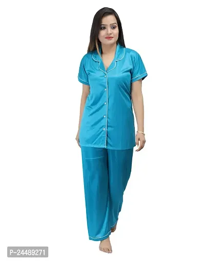 ANSH COLLECTION Women's Satin 2 Pcs Night Suit Set (1 Shirt, 1 Pyjama)-; [Satin-Ns]