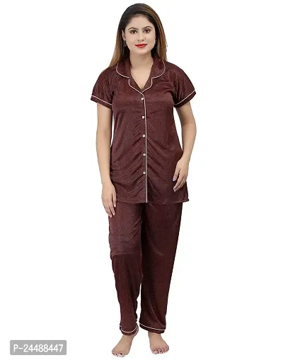 ANSH COLLECTION Women's Satin Printed 2 Pcs Night Suit (1 Shirt, 1 Pyjama) -; [Satin-Print-Dot-]