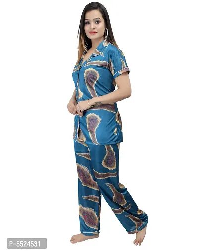 Fashionable Attractive Blue Satin Printed Night Shirt with Pyjama For Women-thumb3