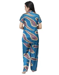 Fashionable Attractive Blue Satin Printed Night Shirt with Pyjama For Women-thumb3