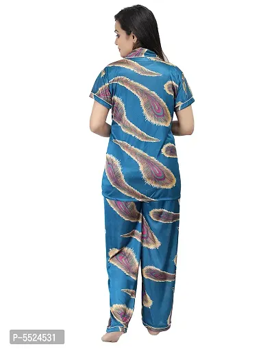 Fashionable Attractive Blue Satin Printed Night Shirt with Pyjama For Women-thumb4