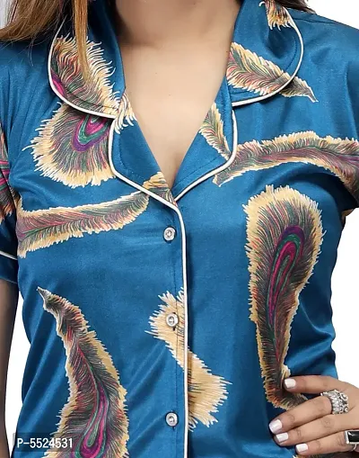 Fashionable Attractive Blue Satin Printed Night Shirt with Pyjama For Women-thumb2