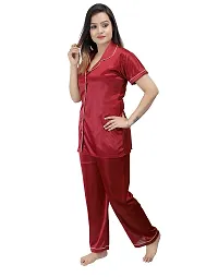 Fashionable Attractive Red Satin Night Shirt with Pyjama For Women-thumb1