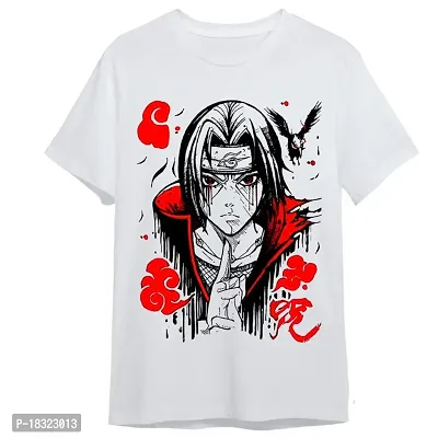 On Trend Round Neck Half Sleeve Itachi Uchiha Printed Unisex Polyster Tshirts for Mens and Womens (Color- White)