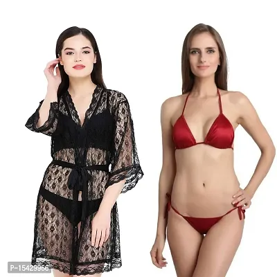 Buy Embrave Women's Net Babydoll Sleepwear Shrug with Bikini Set