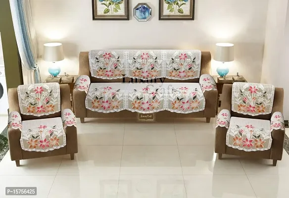 LUXURY CRAFTS Polyester 5 Seater Sofa and Chair Flowered Cover with 6 arms Cover (Off White , Standard ) -Set of 12 Pieces-thumb0