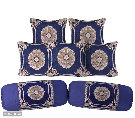 LUXURY CRAFTS Chenille Velvet Luxurious 2 Bolsters Covers(16x36 inches) with 5 Cushion Covers(16x16 inches)- Set of 7 (Blue)