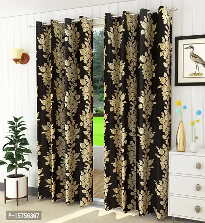 LUXURY CRAFTS? Eyelet Polyester Leaf Design Door Curtain 7 feet x 4 feet(Pack of 1) (Coffee)-thumb0