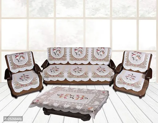 Luxury Crafts Solid Floral Fabric 5 Seater Sofa Cover Set Pieces with 1 Center Table Cover(Set of 7 pcs) (Beige)-thumb0