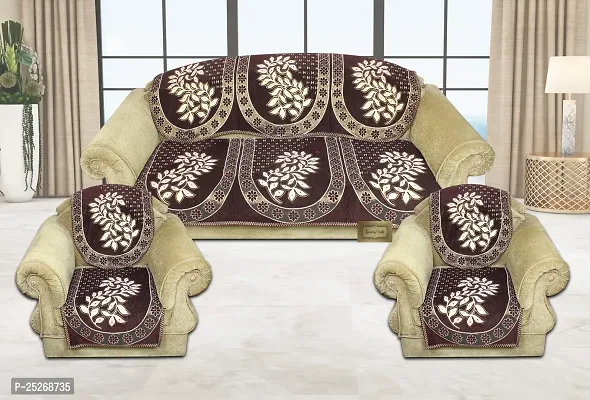 LUXURY CRAFTS Chenille Luxurious 5 Seater Sofa and Chair Cover Set (Set of 6 Pcs)-Brown