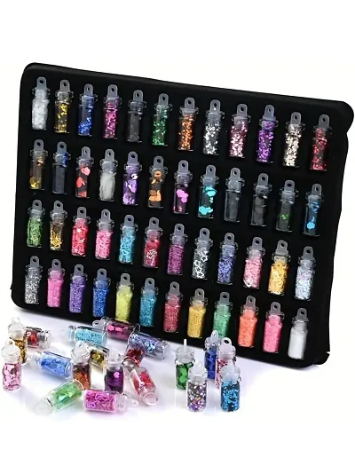 3D Glitter Powder Manicure Set of Nail Stickers, Nail Art Tool for Nail Decoration (Multicolour) - Set of 48 Bottles