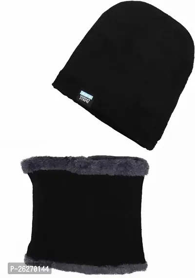 Stylish Black Wool Cap With Neck Scarf-thumb0