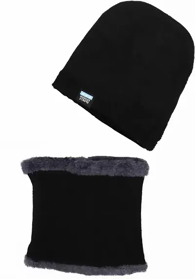 Stylish Black Wool Cap With Neck Scarf