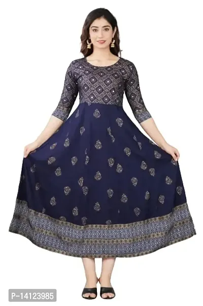 TRISHIKHA Women's Rayon Embroidered Anarkali Kurti (Blue-Large)