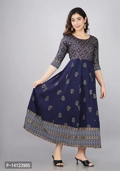 TRISHIKHA Women's Rayon Embroidered Anarkali Kurti (Blue-Large)-thumb5