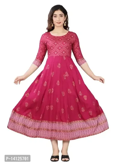 TRISHIKHA Women's Rayon Embroidered Anarkali Kurti (Dark Pink-XX-Large)