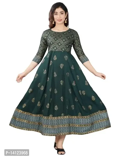 TRISHIKHA Women's Rayon Embroidered Anarkali Kurti (Green-Large)