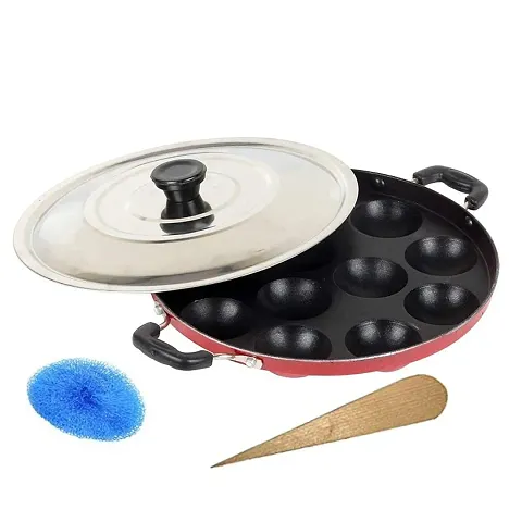 Canberry Non-Stick 12 Cavities Appam Patra with Lid Oil Brush and Scrub Paniyarrakal Paniyaram Appam Maker