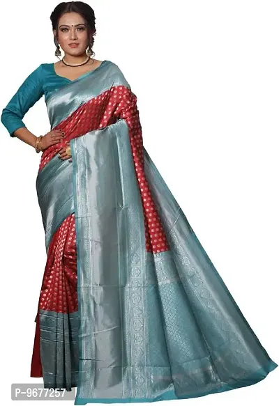 Women's Kanjeevaram Dot Printed Silk Saree Pure Zari Traditional Women's Wedding Piece Bollywood Designer (RED AQUABLUE-MODEL2)-thumb0