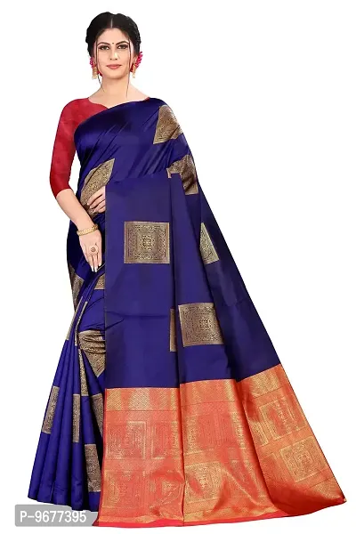 Kanchipuram Big Square Pattern Silk Saree | Indian Ethnic Wear | Traditional Women's Wedding Piece Bollywood Designer (NAVYBLUE)-thumb0