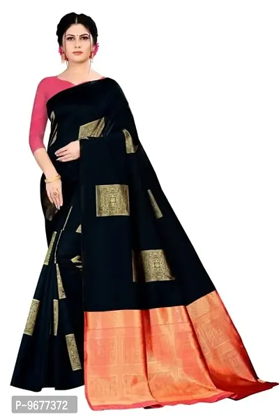 Kanchipuram Big Square Pattern Silk Saree | Indian Ethnic Wear | Traditional Women's Wedding Piece Bollywood Designer (BLACK)-thumb0