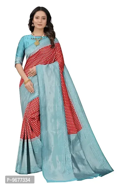 Women's Kanjeevaram Dot Printed Silk Saree Pure Zari Traditional Women's Wedding Piece Bollywood Designer (RED AQUABLUE-MODEL3)