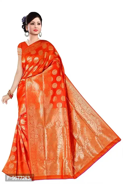 Kanjeevaram Printed Silk Saree Zari Traditional Women's Wedding Piece Bollywood Designer (ORANGE)