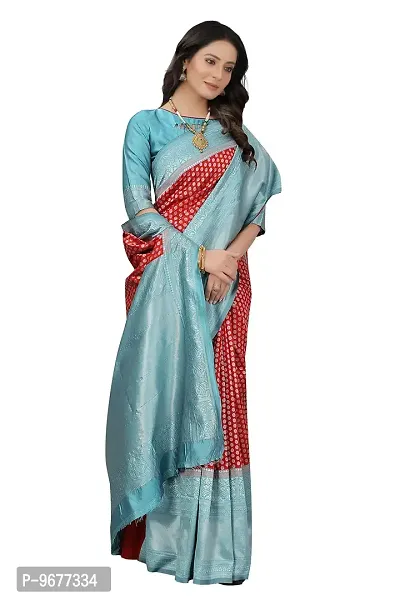 Women's Kanjeevaram Dot Printed Silk Saree Pure Zari Traditional Women's Wedding Piece Bollywood Designer (RED AQUABLUE-MODEL3)-thumb5