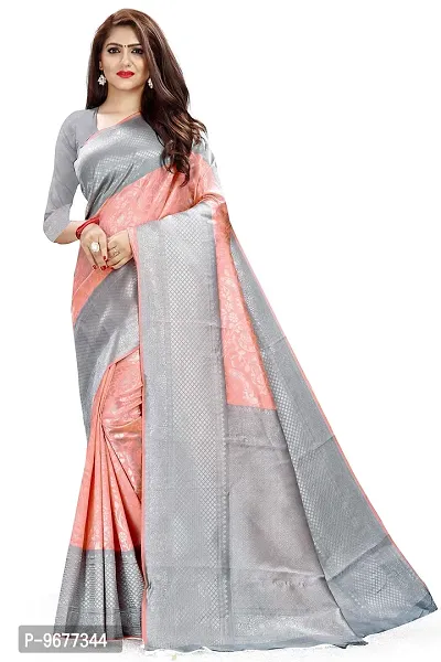 Kanjeevaram Silk Saree Traditional Women's Wedding Piece Bollywood Designer Grey Peach-thumb0