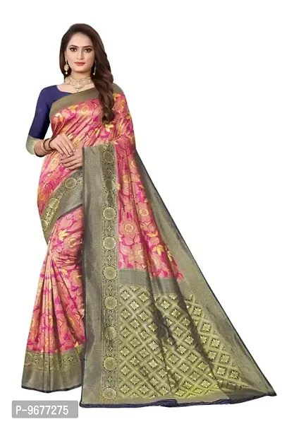 Kanjeevaram Silk Saree| Indian Ethnic Wear | Traditional Women's Wedding Wear Sari (PINK NAVYBLUE)-thumb0