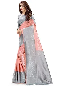 Kanjeevaram Silk Saree Traditional Women's Wedding Piece Bollywood Designer Grey Peach-thumb3