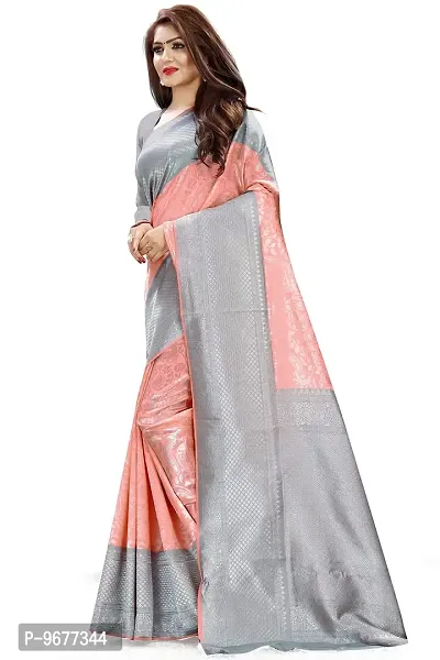 Kanjeevaram Silk Saree Traditional Women's Wedding Piece Bollywood Designer Grey Peach-thumb4