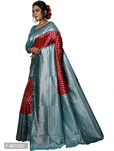 Women's Kanjeevaram Dot Printed Silk Saree Pure Zari Traditional Women's Wedding Piece Bollywood Designer (RED AQUABLUE-MODEL2)-thumb3