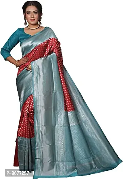 Women's Kanjeevaram Dot Printed Silk Saree Pure Zari Traditional Women's Wedding Piece Bollywood Designer (RED AQUABLUE-MODEL2)-thumb4