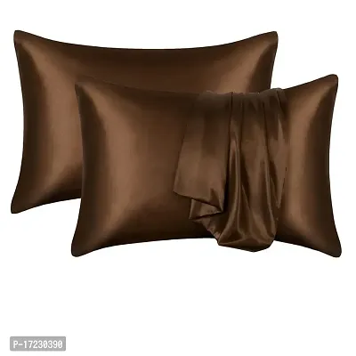 Satin Silk Pillow Cover 2 Piece| Silk Pillow Covers with Envelope Closure end Design| Silk Pillow Cases 27X18 INCH (Coffee)..-thumb0