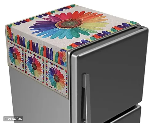 CASA-NEST Flower Print Jute Fridge Top Cover with 6 Utility Side Pockets Size :100x55 cm (Multicolor)-thumb0