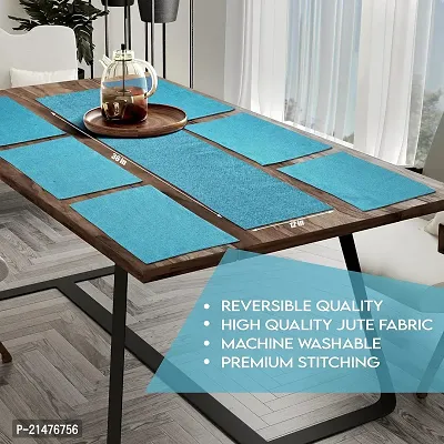 CASA-NEST Jute Fabric Dining Table Mat and Runner Set, Revesible Quality , Set of 6 Placemats and 1 Dining Table Runner Size (12x36) (Royal Blue)