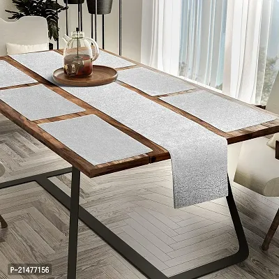 CASA-NEST Jute Fabric Dining Table Mat and Runner Set, Revesible Quality , Set of 6 Placemats and 1 Dining Table Runner Size (12x60) (Grey) (Silver)