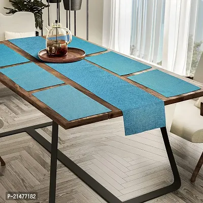 CASA-NEST Jute Fabric Dining Table Mat and Runner Set, Reversible Quality , Set of 6 Placemats and 1 Dining Table Runner Size (12x60) (Grey) (Royal Blue)