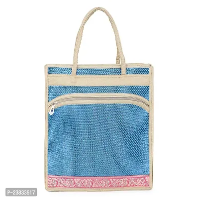 CASA-NEST Jute Bags For Lunch For Men | Jute Bags With Zip | Jute Tote Bags | Jute Tiffin Bags | Printed Jute Bags | Jute Carry Bags | Jute Bags Medium Size | Size: 30(L) x10(B) x35(H) CM (Blue)-thumb0