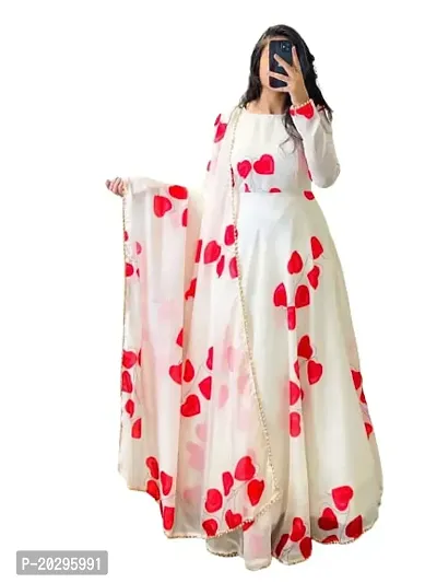 Womens Festival Special Georgette White Digital Print Gown with Georgette Four Side motti lace Dupatta-thumb0