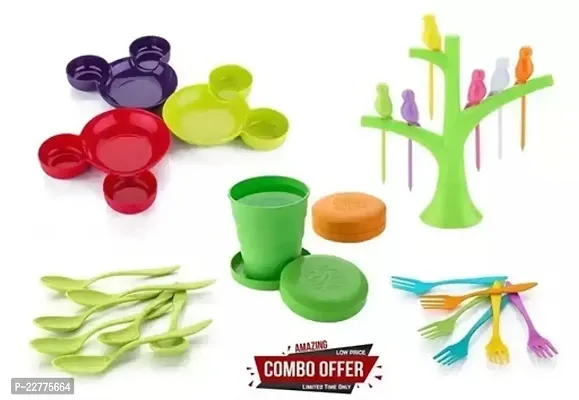 Plastic Unbreakable Eco Friendly Children Mickey Minnie Shaped Serving Food Plate.(3 Plate ,Birdfork ,3 Spoon ,3 Fork, Folding Glass)