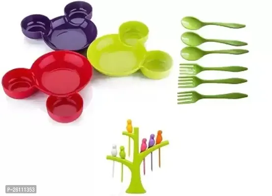 Unbreakable Eco-Friendly Children's Mickey Minnie Shaped Serving Food Plate with Spoon  Fork (set of 3) and Fruit Fork Set with Stand, 6-Pieces - plastic  (Multicolor)
